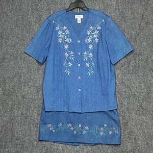 Alfred Dunner Woman Floral Embroidered Denim Skirt Blouse Set Size 16W Skirt 18